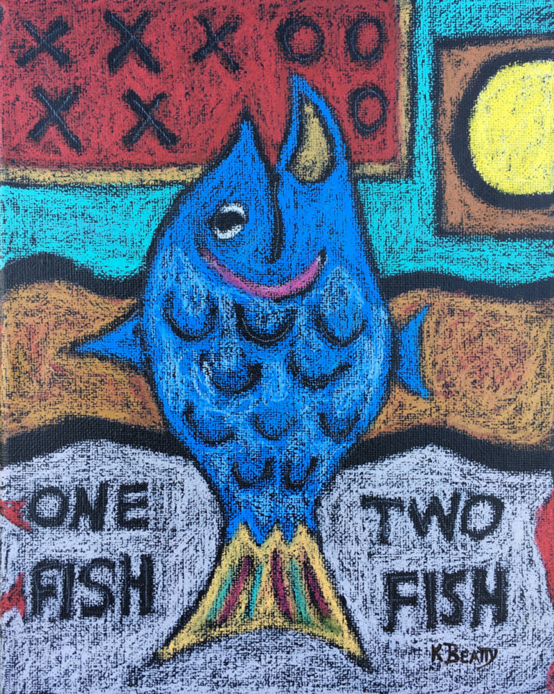 This oil pastel painting on canvas features a blue fish on a colorful abstract background. It is painted in a unique scribble technique.