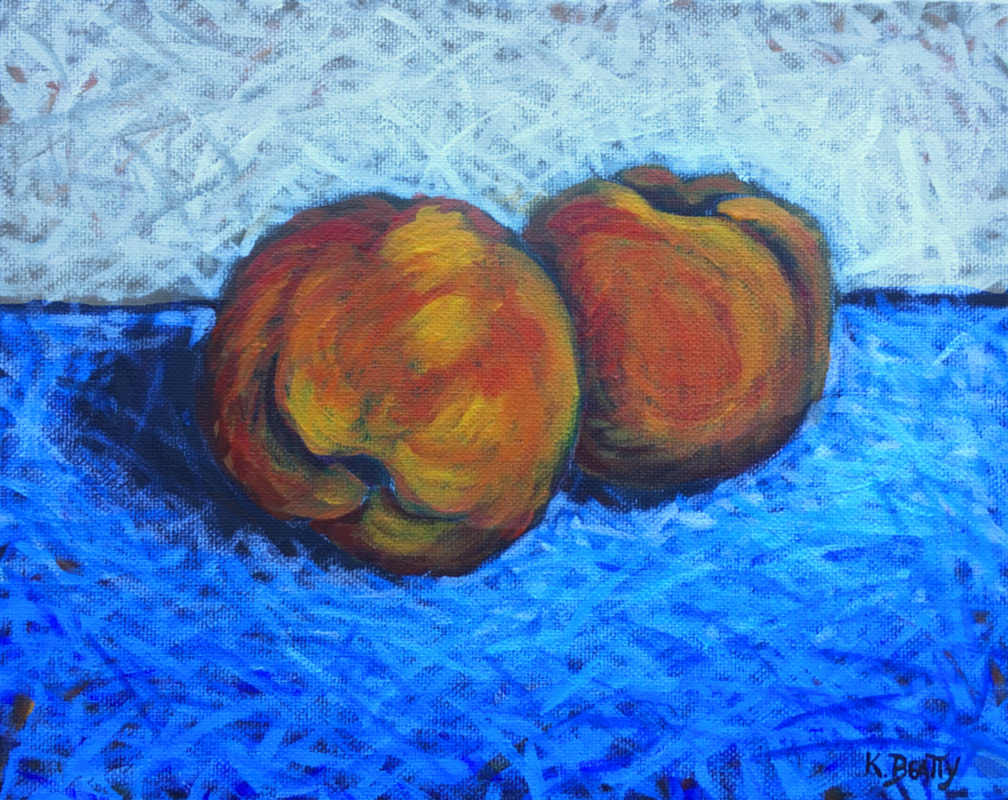 This acrylic painting features two ripe peaches on a blue tabletop with a pale grey background.