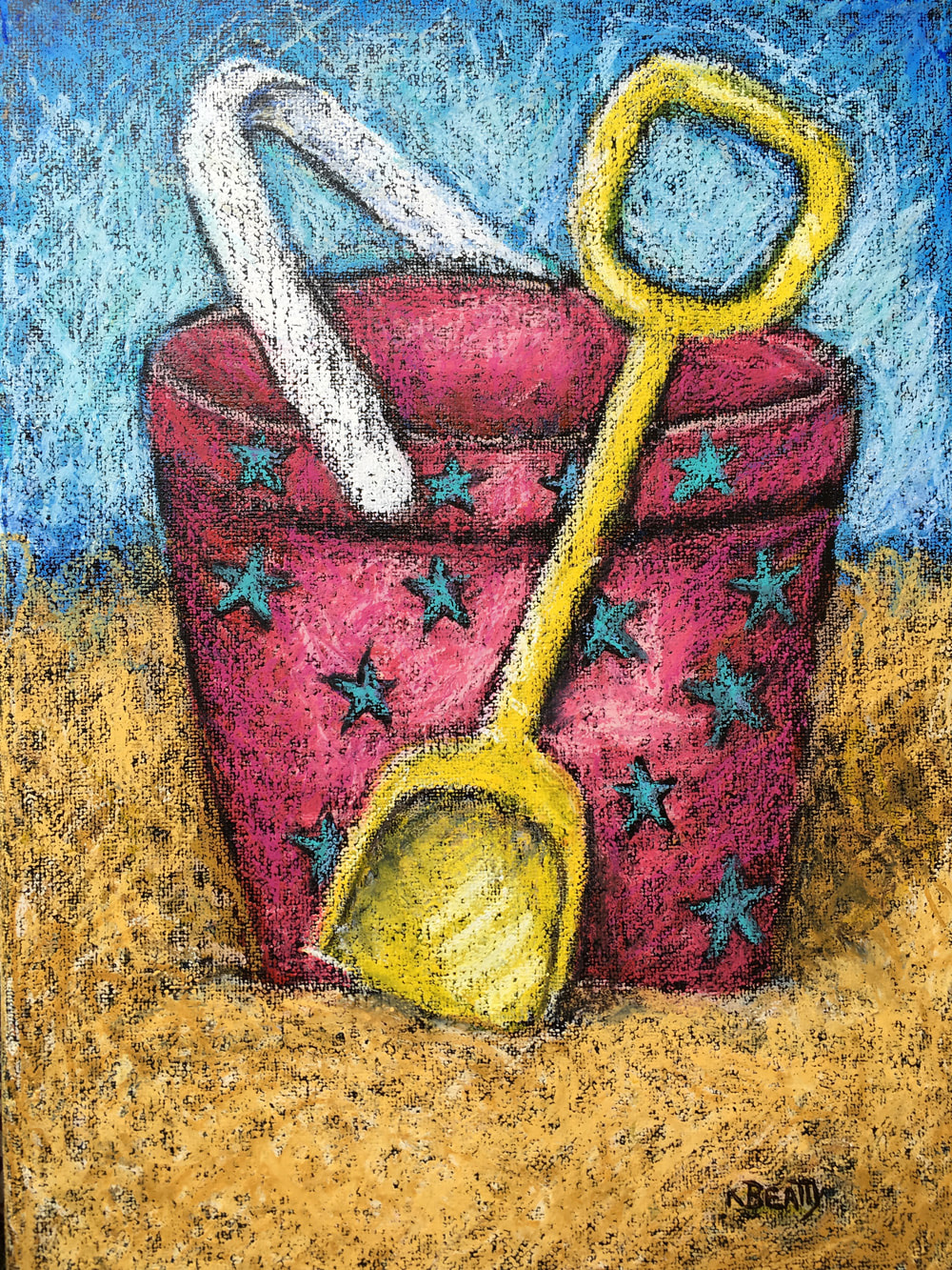 This oil pastel painting is in a unique scribble technique, featuring a pink sand pail with blue stars, and a yellow shovel on a sandy beach.