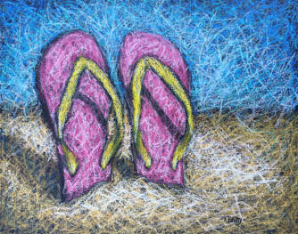 Pink and yellow flip flop sandals are propped in the sand on a beach in this oil pastel painting on canvas, done in a unique scribble technique.