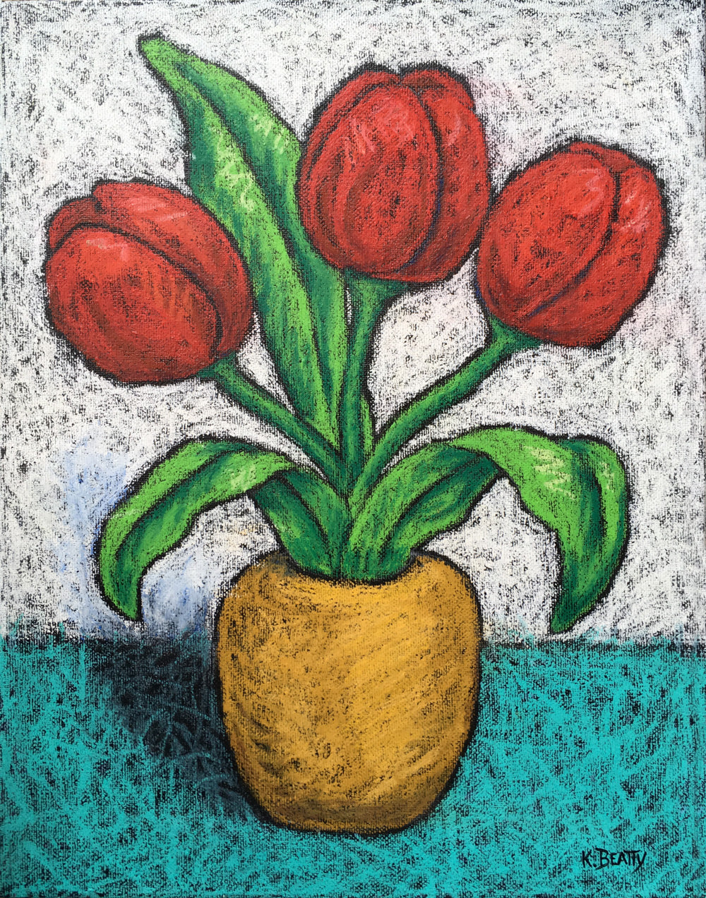 Red tulips pop out of a yellow vase in this oil pastel still life.