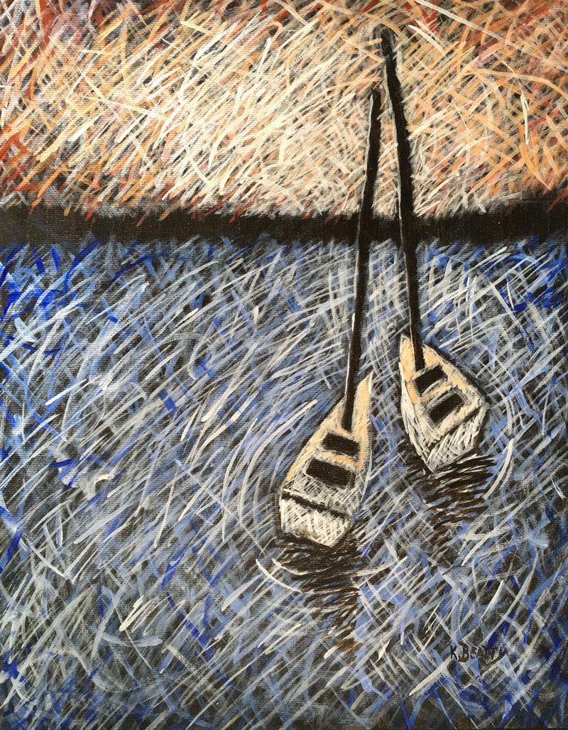Two sailboats floating at dusk, done in a scribble technique.