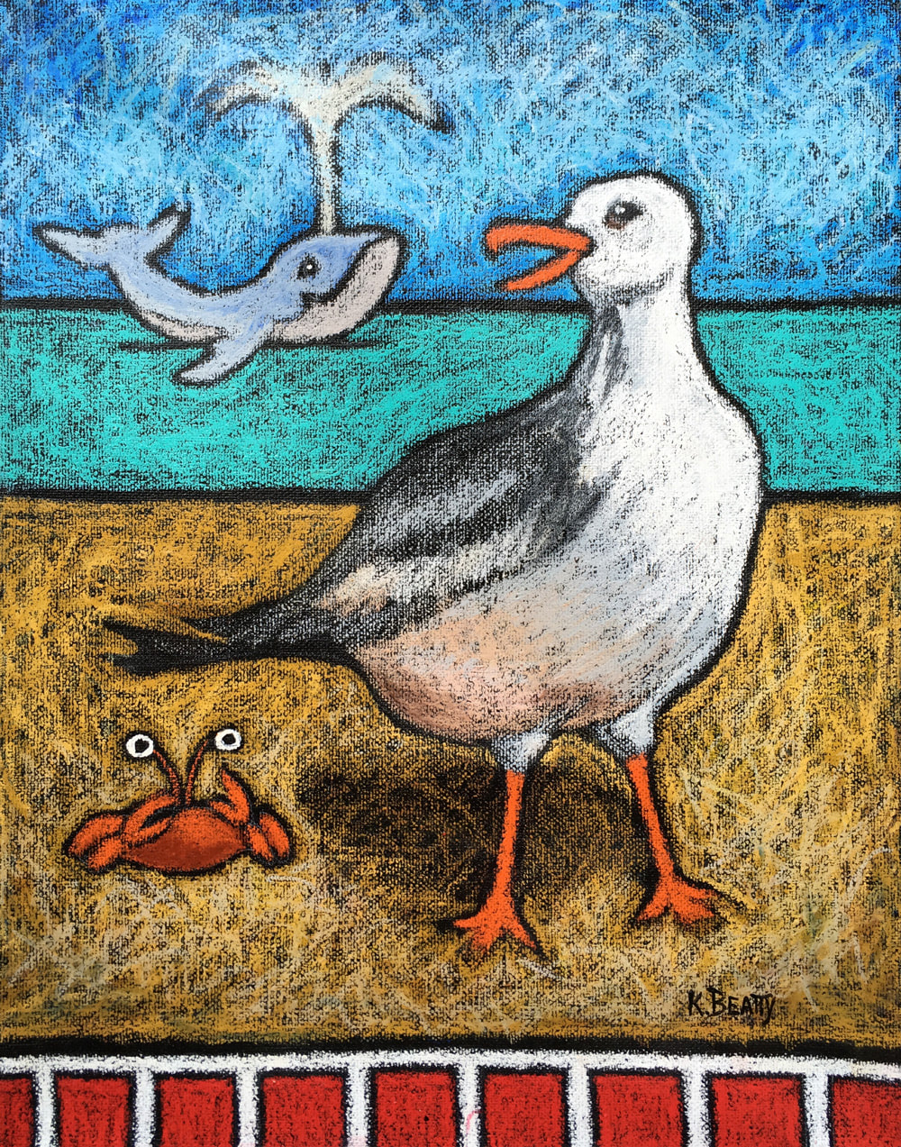 This whimsical scene features a seagull on the beach hanging out with a whale and a crab. Fun and silly summertime fun in a unique loose style.