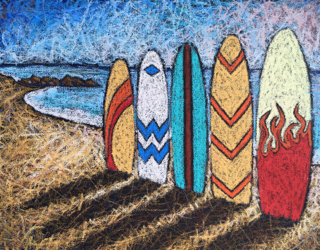 Colorful surf boards are lined up along a beach front area. Done in a unique oil pastel scribble technique.