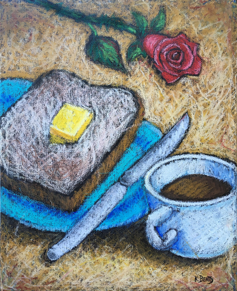 This oil pastel painting features a romantic breakfast of  tea and toast on a blue plate with a red rose nearby. Done in a unique oil pastel scribble technique.