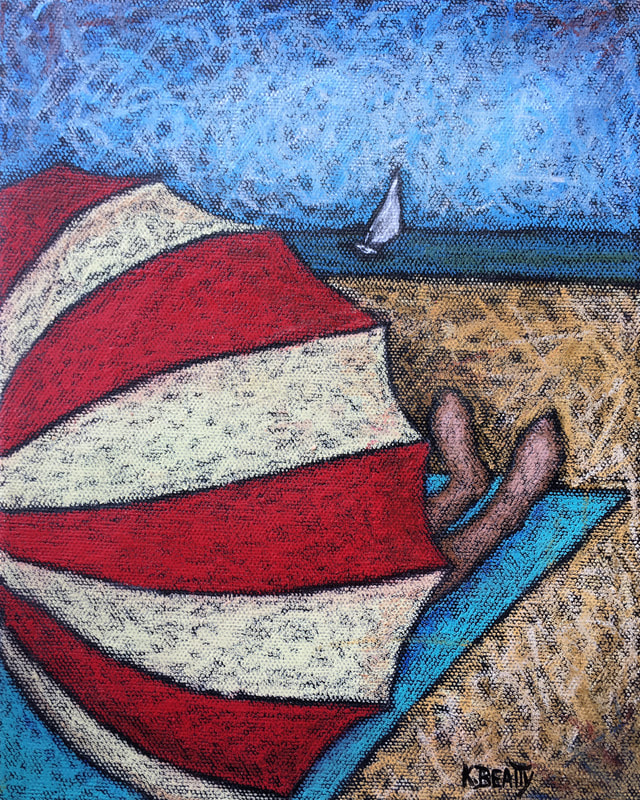 Oil pastel painting of a red and white beach umbrella. A person's feet are apparent as they relax on a beach blanket watching a distant sailboat.