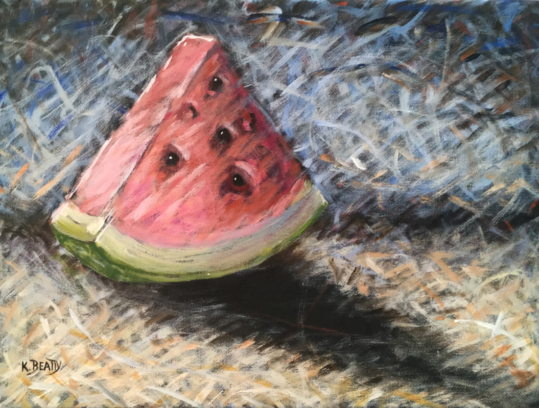 A slice of watermelon done in a scribble technique.
